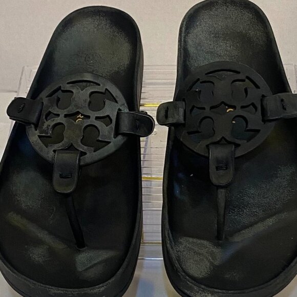 Tory Burch Miller Cloud Leather Logo Thong Sandals Black Slip-On Slides 8 - Picture 10 of 11